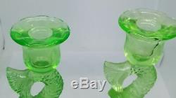 Antique Pair Of Vaseline Glass Dolphin Koi Candle Stick Holder