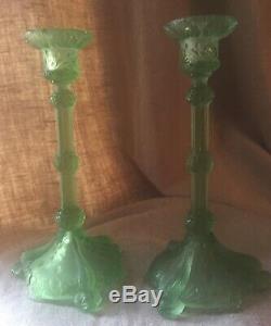 Antique SERPENT SNAKE KOI FISH Pair Vaseline Green Glass Candlesticks Lalique