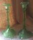 Antique Serpent Snake Koi Fish Pair Vaseline Green Glass Candlesticks Lalique