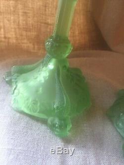 Antique SERPENT SNAKE KOI FISH Pair Vaseline Green Glass Candlesticks Lalique