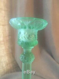 Antique SERPENT SNAKE KOI FISH Pair Vaseline Green Glass Candlesticks Lalique