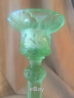 Antique SERPENT SNAKE KOI FISH Pair Vaseline Green Glass Candlesticks Lalique