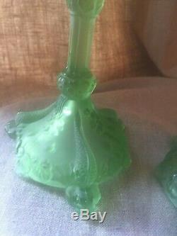 Antique SERPENT SNAKE KOI FISH Pair Vaseline Green Glass Candlesticks Lalique