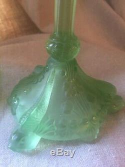 Antique SERPENT SNAKE KOI FISH Pair Vaseline Green Glass Candlesticks Lalique