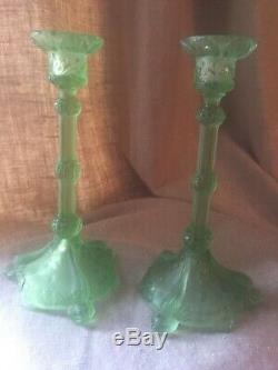 Antique SERPENT SNAKE KOI FISH Pair Vaseline Green Glass Candlesticks Lalique