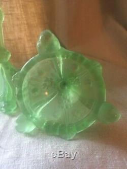 Antique SERPENT SNAKE KOI FISH Pair Vaseline Green Glass Candlesticks Lalique