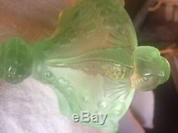 Antique SERPENT SNAKE KOI FISH Pair Vaseline Green Glass Candlesticks Lalique