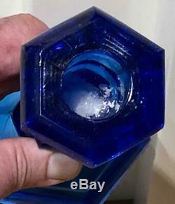Antique Sandwich Glass Cobalt Glass, Pressed Hexagonal Small Candlestick, c 1840