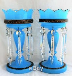 Antique Set 2 Large Blue Opalin Glass Mantle Luster With Crystal Prisms