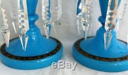 Antique Set 2 Large Blue Opalin Glass Mantle Luster With Crystal Prisms