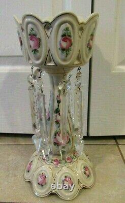 Antique Tall Glass Crystal Mantle Luster White Hand Painted Cabbage Roses 13.5