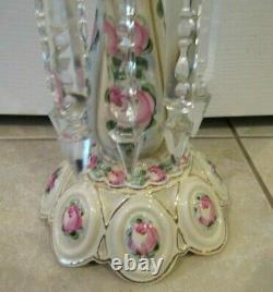 Antique Tall Glass Crystal Mantle Luster White Hand Painted Cabbage Roses 13.5