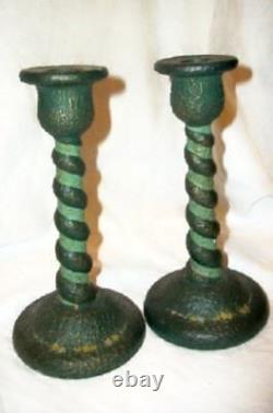 Antique Tiffin Glass Barley Twist Candle Holders HP Greens Tiny Flowers Textured