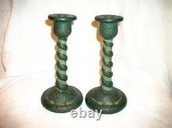 Antique Tiffin Glass Barley Twist Candle Holders HP Greens Tiny Flowers Textured