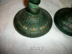 Antique Tiffin Glass Barley Twist Candle Holders HP Greens Tiny Flowers Textured