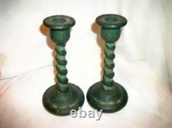 Antique Tiffin Glass Barley Twist Candle Holders HP Greens Tiny Flowers Textured