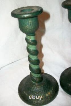 Antique Tiffin Glass Barley Twist Candle Holders HP Greens Tiny Flowers Textured