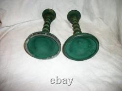 Antique Tiffin Glass Barley Twist Candle Holders HP Greens Tiny Flowers Textured