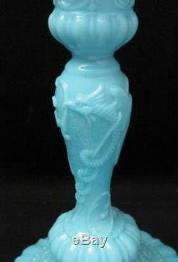 Antique Vallerysthal Portieux French Blue Opaline Glass Chimeres Candlestick