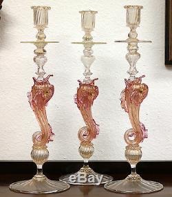 Antique Venetian Glass Three Large Dolphins Candlesticks 1880s