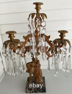 Antique Victorian Brass Candelabra, 5 Arm Candle Holders, Glass Prisms, Marble Base
