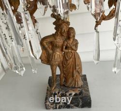 Antique Victorian Brass Candelabra, 5 Arm Candle Holders, Glass Prisms, Marble Base