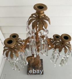 Antique Victorian Brass Candelabra, 5 Arm Candle Holders, Glass Prisms, Marble Base