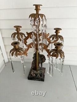 Antique Victorian Brass Candelabra, 5 Arm Candle Holders, Glass Prisms, Marble Base