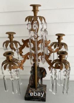 Antique Victorian Brass Candelabra, 5 Arm Candle Holders, Glass Prisms, Marble Base