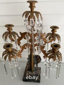 Antique Victorian Brass Candelabra, 5 Arm Candle Holders, Glass Prisms, Marble Base