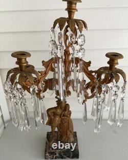 Antique Victorian Brass Candelabra, 5 Arm Candle Holders, Glass Prisms, Marble Base