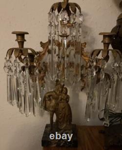 Antique Victorian Brass Candelabra, 5 Arm Candle Holders, Glass Prisms, Marble Base