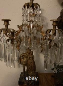 Antique Victorian Brass Candelabra, 5 Arm Candle Holders, Glass Prisms, Marble Base