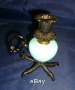 Antique Victorian Candlestick Holder Cast Iron Chicken Foot with Blue Glass Egg