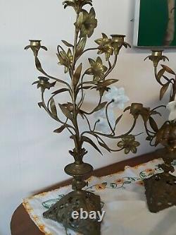 Antique Victorian French Gold Gilt Brass Floral Candelabra Glass Flower 19th Cen