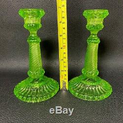Antique Victorian French Uranium Vaseline Art Glass Candle Holdders Sticks