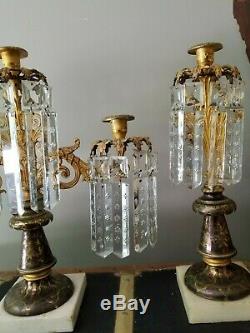 Antique Victorian Girandoles Candelabra Candle Holders Crystal, Cornelius, Brass