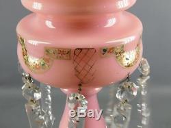 Antique Victorian Luster Pink Cased Opaline Glass 5.5'' Spear Crystal Prisms