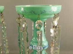 Antique Victorian Opaline Glass Pair Aqua Green Hand Painted Enamel Lusters