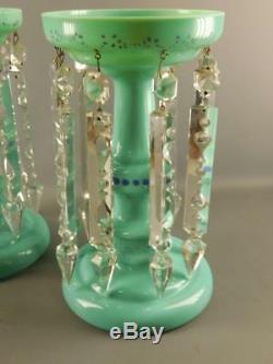 Antique Victorian Opaline Glass Pair Aqua Green Hand Painted Enamel Lusters