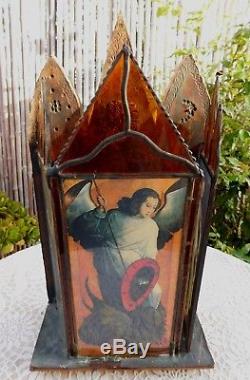 Antique Vintage Religious Catholic Saints Candle Holder Stained Glass Wood Coppe