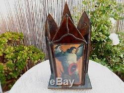 Antique Vintage Religious Catholic Saints Candle Holder Stained Glass Wood Coppe