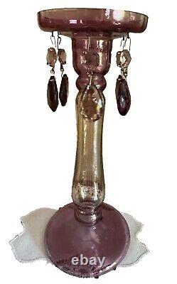 Antique ametnyst and gold iridescent blown glass candle holder with purple tears