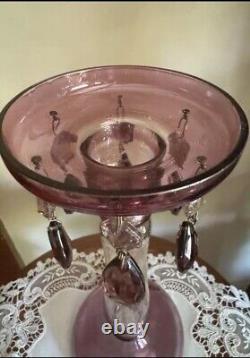 Antique ametnyst and gold iridescent blown glass candle holder with purple tears