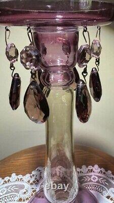 Antique ametnyst and gold iridescent blown glass candle holder with purple tears