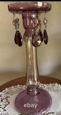 Antique ametnyst and gold iridescent blown glass candle holder with purple tears