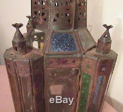 Antique handmade pierced Maroccan stained glass hanging chandelier candle holder