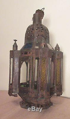 Antique handmade pierced Maroccan stained glass hanging chandelier candle holder