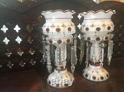 Antique opaline white lusters with crystal prisms