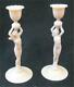 Antique Pair Cambridge Glass Statuesque 3011 Crown Tuscan Nude Candlestick Deco